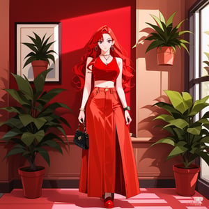 1girl, solo, long hair, red skirt, red hair, holding, jewelry, standing, full body, shoes, sleeveless, indoors, hand up, bag, bracelet, crop top, plant, denim, red footwear, red shirt, long skirt, watch, handbag, wristwatch, potted plant, wide shot, photo background, sexy,fflixmj6,more detail XL