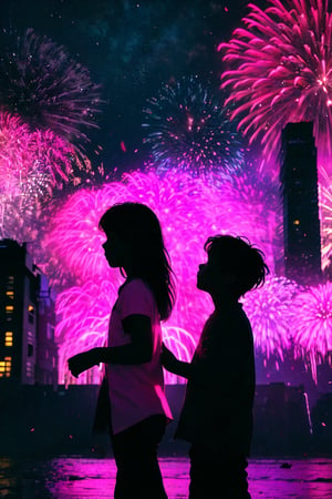 1girl and 1littleboy (long girl hair, 1girl, shirt, red girl hair, 1littleboy, black boy hair), flower, outdoors, sky, from the front, looking de fireworks, petals, night, plant, building, night sky, scenery, pink flower, city, facing away, fireworks,	 SILHOUETTE LIGHT PARTICLES,neon background