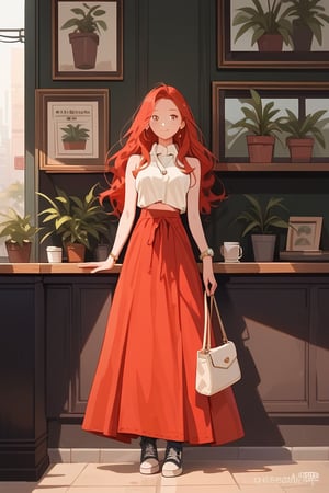 score_9, score_8_up, score_7_up, score_6_up, score_5_up, score_4_up, ((Cinematic)), (extremely detailed fine touch: 1.2),(masterpiece), (best quality),
1girl, solo, long hair, red skirt, red hair, holding, jewelry, standing, full body, shoes, sleeveless, indoors, hand up, bag, bracelet, crop top, plant, denim, long skirt, in a coffee shop, watch, handbag, wristwatch, potted plant, wide shot, photo background, sexy,fflixmj6,more detail XL,long_sleeves, perfect hands, perfect face, perfects fingers, cityscape, detailed mouth,jaeggernawt,girlnohead,Add_More_Details