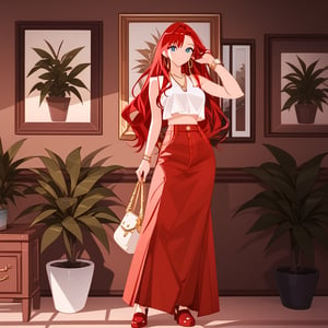 1girl, solo, long hair, red skirt, red hair, holding, jewelry, standing, full body, shoes, sleeveless, indoors, hand up, bag, bracelet, crop top, plant, denim, long skirt, watch, handbag, wristwatch, potted plant, wide shot, photo background, sexy,fflixmj6,more detail XL