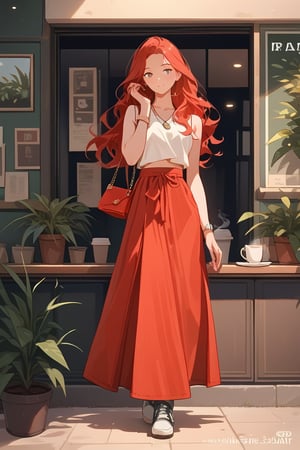 score_9, score_8_up, score_7_up, score_6_up, score_5_up, score_4_up, ((Cinematic)), (extremely detailed fine touch: 1.2),(masterpiece), (best quality),
1girl, solo, long hair, red skirt, red hair, holding, jewelry, standing, full body, shoes, sleeveless, indoors, hand up, bag, bracelet, crop top, plant, denim, long skirt, in a coffee shop, watch, handbag, wristwatch, potted plant, wide shot, photo background, sexy,fflixmj6,more detail XL,long_sleeves, perfect hands, perfect face, perfects fingers, cityscape, detailed mouth,jaeggernawt,girlnohead,Add_More_Details