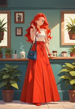 score_9, score_8_up, score_7_up, score_6_up, score_5_up, score_4_up, ((Cinematic)), (extremely detailed fine touch: 1.2),(masterpiece), (best quality),
1girl, solo, long hair, red skirt, red hair, holding, jewelry, standing, full body, shoes, sleeveless, indoors, hand up, bag, bracelet, crop top, plant, denim, long skirt, in a coffee shop, watch, handbag, wristwatch, potted plant, wide shot, photo background, sexy,fflixmj6,more detail XL,long_sleeves, perfect hands, perfect face, perfects fingers, cityscape, detailed mouth,jaeggernawt,girlnohead
