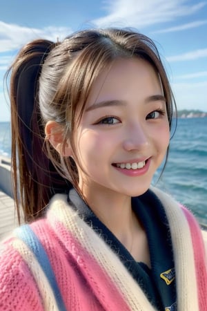 ((Best quality, 8k, Masterpiece :1.3)), sexywoman, 1girl, ,beautiful young attractive asianteenage girl, City girl, 18 years old, cute, international model,  High Ponytail  Hair , Young beauty spirit ,colorfulPoncho-style Sweater, 	by the sea, ultra-detailed face,Giddy Smile, highly detailed lips, detailed eyes,