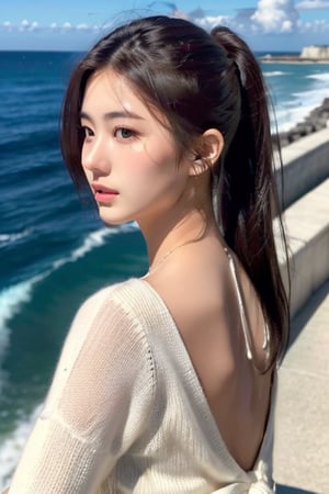 ((Best quality, 8k, Masterpiece :1.3)), sexywoman, 1girl, ,beautiful young attractive asianteenage girl, City girl, 18 years old, cute, international model,  High Ponytail  Hair , Young beauty spirit ,colorfulV neck sweater,Arching the back, 	by the sea, ultra-detailed face,Frustrated, highly detailed lips, detailed eyes,