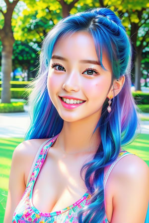 ((Best quality, 8k, Masterpiece :1.3)), sexywoman, 1girl, ,beautiful young attractive asianteenage girl, City girl, 18 years old, cute, international model,  Blue Hair , Young beauty spirit ,colorful Tank Top,	by the park, ultra-detailed face,Big Laugh, highly detailed lips, detailed eyes, 