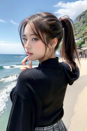 ((Best quality, 8k, Masterpiece :1.3)), sexywoman, 1girl, ,beautiful young attractive asianteenage girl, City girl, 18 years old, cute, international model,  High Ponytail  Hair , Young beauty spirit ,colorfulPoncho-style Sweater,Arching the back, 	by the sea, ultra-detailed face,Frustrated, highly detailed lips, detailed eyes,Put Index Finger on Mouth