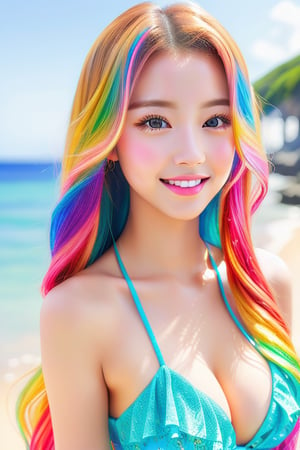 ((Best quality, 8k, Masterpiece :1.3)), sexywoman, 1girl, ,beautiful young attractive asianteenage girl, City girl, 18 years old, cute, international model, long colorful  Hair , Young beauty spirit ,colorful
micro bikini,Leaning Forward	
by the sea, ultra-detailed face,
Half Smile, highly detailed lips, detailed eyes, double eyelid,1gir1,Raw Photo