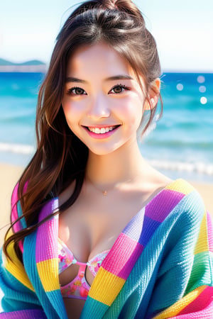 ((Best quality, 8k, Masterpiece :1.3)), sexywoman, 1girl, ,beautiful young attractive asianteenage girl, City girl, 20 years old, cute, international model,  High Ponytail  Hair , Young beauty spirit ,colorfulPoncho-style Sweater, 	by the sea, ultra-detailed face,Giddy Smile, highly detailed lips, detailed eyes,