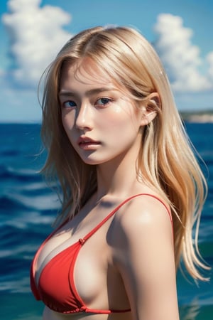 ((Best quality, 8k, Masterpiece :1.3)), sexywoman, 1girl, ,beautiful young attractive asianteenage girl, City girl, 18 years old, cute, international model,  Blonde  Hair , Young beauty spirit ,colorful Micro Bikini,	by the sea, ultra-detailed face,Scowling, highly detailed lips, detailed eyes,