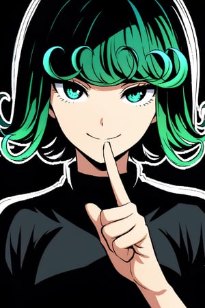 tatsumaki looking at the camera smiling while shushing with his finger, black_background, dark_filter, dark_ambient