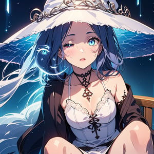 1girl,solo,best quality,highres,ultra-detailed,high_resolution,ultra-detailed,best quality, ultra realistic, 8k resolutions ,masterpiece, beautiful lips,detailed eyes,Detailed Hair,long hair,longhair,full_body,((Blue Hair)),Sitting in a chair with crystals around her,low_angle,dynamic_pose,full_body,(illustration:0.8),
 (beautiful detailed eyes:1.6),((pale skin 1,5)), (perfect hands, perfect anatomy),extremely detailed face, perfect lighting,((long hair )),starry sky, ,Dungeon, cave with ice walls ,sparky magic-energy, strong wind, sky full of stars and nebula background,White Dress,ExtraFacesRanni,IncrsRnnThWtch,ranni the witch,doll, doll_joints,White hat,bluish skin,Blue Skin,Bright full moon,cracks on the face,ranni-default