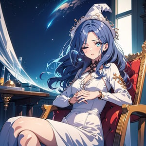 1girl,solo,best quality,highres,ultra-detailed,high_resolution,ultra-detailed,best quality, ultra realistic, 8k resolutions ,masterpiece, beautiful lips,detailed eyes,Detailed Hair,long hair,longhair,full_body,((Blue Hair)),Sitting in a chair with crystals around her,low_angle,dynamic_pose,full_body,(illustration:0.8),
 (beautiful detailed eyes:1.6),((pale skin 1,5)), (perfect hands, perfect anatomy),extremely detailed face, perfect lighting,((long hair )),starry sky, ,Dungeon,  ice walls ,sparky magic-energy, strong wind, sky full of stars and nebula background,White Dress,ExtraFacesRanni,IncrsRnnThWtch,ranni the witch,doll, doll, joints, doll joints,doll_joints,doll_fingers,bluish skin,Blue Skin,full moon,Bright full moon,cracks on the face,ranni-default,wavy hair, (4 arms:1.1), (multiple faces:1.1),  colored skin, cracked skin,  white headwear, white dress, long sleeves, fur cloak, cloak, sitting, own hands together,Right eye closed 