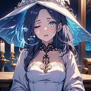 1girl,solo,best quality,highres,ultra-detailed,high_resolution,ultra-detailed,best quality, ultra realistic, 8k resolutions ,masterpiece, beautiful lips,detailed eyes,Detailed Hair,long hair,longhair,full_body,((Blue Hair)),Sitting in a chair with crystals around her,low_angle,dynamic_pose,full_body,(illustration:0.8),
 (beautiful detailed eyes:1.6),((pale skin 1,5)), (perfect hands, perfect anatomy),extremely detailed face, perfect lighting,((long hair )),starry sky, ,Dungeon, cave with crystal walls ,sparky magic-energy, strong wind, sky full of stars and nebula background,White Dress,ExtraFacesRanni,IncrsRnnThWtch,ranni the witch, doll_joints,White hat,bluish skin