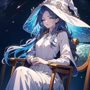 1girl,solo,best quality,highres,ultra-detailed,high_resolution,ultra-detailed,best quality, ultra realistic, 8k resolutions ,masterpiece, beautiful lips,detailed eyes,Detailed Hair,long hair,longhair,full_body,((Blue Hair)),Sitting in a chair with crystals around her,low_angle,dynamic_pose,full_body,(illustration:0.8),
 (beautiful detailed eyes:1.6),((pale skin 1,5)), (perfect hands, perfect anatomy),extremely detailed face, perfect lighting,((long hair )),starry sky, ,Dungeon,  ice walls ,sparky magic-energy, strong wind, sky full of stars and nebula background,White Dress,ExtraFacesRanni,IncrsRnnThWtch,ranni the witch,doll, doll, joints, doll joints,doll_joints,doll_fingers,bluish skin,Blue Skin,full moon,Bright full moon,cracks on the face,ranni-default,wavy hair, (4 arms:1.1), (multiple faces:1.1),  colored skin, cracked skin,  white headwear, white dress, long sleeves, fur cloak, cloak, sitting, own hands together,Right eye closed 