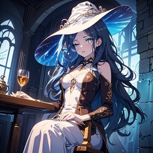 1girl,solo,best quality,highres,ultra-detailed,high_resolution,ultra-detailed,best quality, ultra realistic, 8k resolutions ,masterpiece, beautiful lips,detailed eyes,Detailed Hair,long hair,longhair,full_body,((Blue Hair)),Sitting in a chair with crystals around her,low_angle,dynamic_pose,full_body,(illustration:0.8),
 (beautiful detailed eyes:1.6),((pale skin 1,5)), (perfect hands, perfect anatomy),extremely detailed face, perfect lighting,((long hair )),starry sky, ,Dungeon, cave with ice walls ,sparky magic-energy, strong wind, sky full of stars and nebula background,White Dress,ExtraFacesRanni,IncrsRnnThWtch,ranni the witch,doll, doll_joints,White hat,bluish skin,Bright full moon