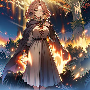 1girl,solo,best quality,highres,ultra-detailed,high_resolution,ultra-detailed,best quality, ultra realistic, 8k resolutions ,masterpiece, beautiful lips,detailed eyes,Detailed Hair,short hair,longhair,((full_body)),Big golden tree with golden leaves in the background,((low_angle)),dynamic_pose,full_body,(illustration:0.8),
 (beautiful detailed eyes:1.6),((pale skin 1,5)), (perfect hands, perfect anatomy),extremely detailed face, perfect lighting,((short hair )),,Left eye closed ,melina \(elden ring\),Melina,cloak,Fire in the background,own hands together,Girl on fire,Boots,Long dress,melina (elden ring)