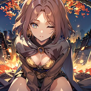 1girl,solo,best quality,highres,ultra-detailed,high_resolution,ultra-detailed,best quality, ultra realistic, 8k resolutions ,masterpiece, beautiful lips,detailed eyes,Detailed Hair,short hair,longhair,((full_body)),Big golden tree with golden leaves in the background,((low_angle)),dynamic_pose,full_body,(illustration:0.8),
 (beautiful detailed eyes:1.6),((pale skin 1,5)), (perfect hands, perfect anatomy),extremely detailed face, perfect lighting,((short hair )),,Left eye closed ,melina \(elden ring\),Melina,cloak,Fire in the background