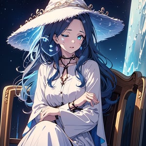 1girl,solo,best quality,highres,ultra-detailed,high_resolution,ultra-detailed,best quality, ultra realistic, 8k resolutions ,masterpiece, beautiful lips,detailed eyes,Detailed Hair,long hair,longhair,full_body,((Blue Hair)),Sitting in a chair with crystals around her,low_angle,dynamic_pose,full_body,(illustration:0.8),
 (beautiful detailed eyes:1.6),((pale skin 1,5)), (perfect hands, perfect anatomy),extremely detailed face, perfect lighting,((long hair )),starry sky, ,Dungeon,  ice walls ,sparky magic-energy, strong wind, sky full of stars and nebula background,White Dress,ExtraFacesRanni,IncrsRnnThWtch,ranni the witch,doll, doll_joints,doll fingers,bluish skin,Blue Skin,full moon,Bright full moon,cracks on the face,ranni-default,wavy hair, (4 arms:1.1), (multiple faces:1.1),  colored skin, cracked skin,  white headwear, white dress, long sleeves, fur cloak, brown cloak, sitting, own hands together, 
