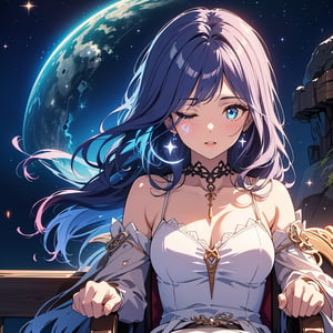 1girl,solo,best quality,highres,ultra-detailed,high_resolution,ultra-detailed,best quality, ultra realistic, 8k resolutions ,masterpiece, beautiful lips,detailed eyes,Detailed Hair,long hair,longhair,full_body,((Blue Hair)),Sitting in a chair with crystals around her,low_angle,dynamic_pose,full_body,(illustration:0.8),
 (beautiful detailed eyes:1.6), (perfect hands, perfect anatomy),extremely detailed face, perfect lighting,((long hair )),starry sky, ,Dungeon, cave with crystal walls ,sparky magic-energy, strong wind, sky full of stars and nebula background,White Dress,ExtraFacesRanni,IncrsRnnThWtch,ranni the witch
