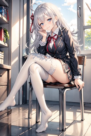 1girl,(masterpiece1.5), (((full body))),facing_viewer,low_angle,leg_focused ,depth_of_field, sexy,detailed_eyes,kawaii, poor eyes, waint-legth shiny hair, #WHITE HAIR,silver grey light purple hair, blue eyes, thin red ribbon on the right side hair, ahoge,

beautiful breasts, slender,perfect_legs,slim_legs,long legs,flawless_skin,soft_skin, velvety_skin, pettie, school uniform, khaki blazer, black apron dress, white shirt, red_ribbon,
evil_smiling_face, blush,exposed_panties,white_panties,

sitting on chair, crossed_legs_(sitting),(tight white thighhighs:1.3),school,no shoes, classroom