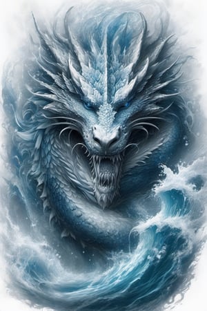 tattoo, one dragon head, tattoo, wide head, ((white background)), looking at viewer, tattoo design ice and water dragon head, anthropomorphic, hyperdetailed, dreamlike, breathtaking hyperdetailed fantasy art, beautiful water cold colours, insane depth, perfect composition, intricate detail, white background, solo, blue eyes, flower, ocean flowing water, scales, realistic, dark
