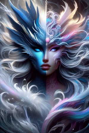 ice and water dragon, anthropomorphic. head and shoulders portrait, hyperdetailed, 1girl, four elements, shadowlike deity, dreamlike, breathtaking hyperdetailed fantasy art, beautiful water cold colours, insane depth, perfect composition, intricate detail, beautiful vibrant background 1girl, solo, hair ornament, blue eyes, flower, lips, ocean flowing water, feathers, realistic, dark
