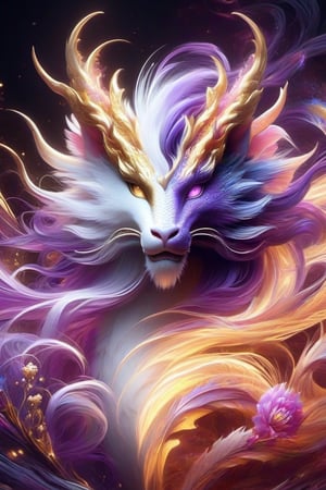 purple  (beautiful glowing aura:1.3) (watercolour splashes everywhere:1.4) a astral light elemental dragon monster, with one half of the face good (glowing gold/white magic/dove/white flowers/wavy hair) and the other half mature with a smooth transition between them, facing high 64k resolution, Artgerm, WLOP, Alphonse Mucha dynamic lighting hyperdetailed intricately detailed Splash art trending on Artstation vibrant dark colors Unreal Engine 5 volumetr