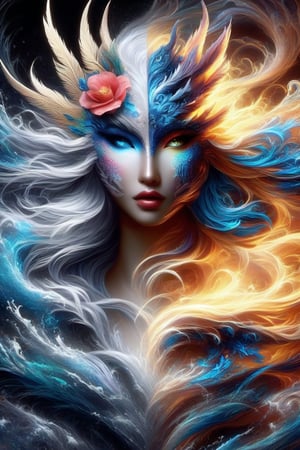 ice and water dragon, anthropomorphic. head and shoulders portrait, hyperdetailed, 1girl, four elements, shadowlike deity, dreamlike, breathtaking hyperdetailed fantasy art, beautiful water cold colours, insane depth, perfect composition, intricate detail, beautiful vibrant background 1girl, solo, hair ornament, blue eyes, flower, lips, ocean flowing water, feathers, realistic, dark
