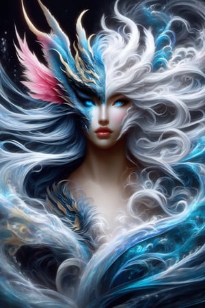 ice and water dragon, anthropomorphic. head and shoulders portrait, hyperdetailed, 1girl, four elements, shadowlike deity, dreamlike, breathtaking hyperdetailed fantasy art, beautiful water cold colours, insane depth, perfect composition, intricate detail, beautiful vibrant background 1girl, solo, hair ornament, blue eyes, flower, lips, ocean flowing water, feathers, realistic, dark
