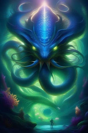 A colossal underwater deity, elf human, reminiscent of the creature from Aquaman, with enormous tentacles and bioluminescent patterns. The creature is surrounded by an eerie, deep-sea environment with dark blue and green hues, illuminated by the faint glow of its bioluminescence. The beast's eyes are glowing, and its massive body is covered in intricate scales and otherworldly textures. The scene is dynamic and cinematic, capturing the power and majesty of this mythical underwater creature. Highly detailed, photorealistic, epic, fantasy art style, 4K resolution.