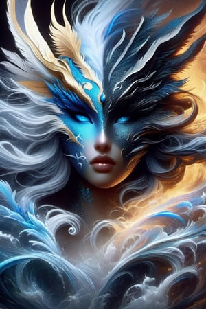 ice and water dragon, anthropomorphic. head and shoulders portrait, hyperdetailed, 1girl, four elements, shadowlike deity, dreamlike, breathtaking hyperdetailed fantasy art, beautiful water cold colours, insane depth, perfect composition, intricate detail, beautiful vibrant background 1girl, solo, hair ornament, blue eyes, flower, lips, ocean flowing water, feathers, realistic, dark
