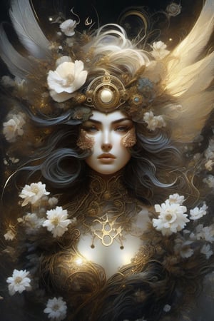 Highly detailed, highly cinematic, close-up image of a goddess of nature over the world, steampunk mechanical, lots of details, flowers, metallic ink, beautifully lit, a fine art painting by drew struzan and karol bak, gothic art, dark and mysterious, ilya kuvshinov, russ mills