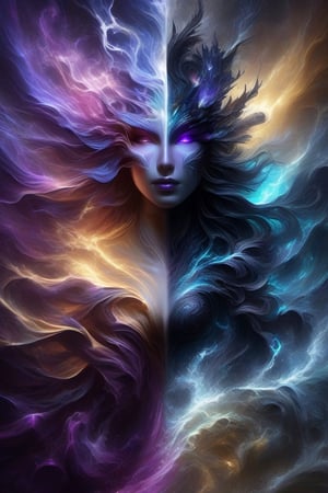 photograph, left half ONLY dark magic purple black fiery, right ONLY half water flowing light blue/white, beautiful watercolour splashes, head and shoulders portrait, (female human:1.3) 8k resolution concept art portrait by Greg Rutkowski, Artgerm, WLOP, Alphonse Mucha dynamic lighting hyperdetailed intricately detailed Splash art trending on Artstation triadic colors Unreal Engine 5 volumetric lighting, A 3D-rendered image of a majestic elf deity left half dark magic right half water, beautiful forestbackground with detailed and dynamic lighting creating a sense of depth and realism.