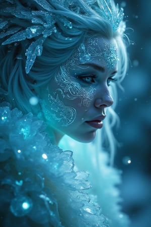 A mystical cerulean ice crystal maiden's visage radiates ethereal splendor: delicate skin aglow with white luminescence, intricate tattoos adorning her face in shimmering patterns. Her eyes, oceanic vessels of wonder, subtly shift between emerald and cerulean hues, as if containing the celestial secrets within. A silver tresses frame her face, weaving a tapestry of magic. Against this dreamy backdrop, stars twinkle like diamonds scattered across the velvety night sky, immersing the scene in an otherworldly essence.