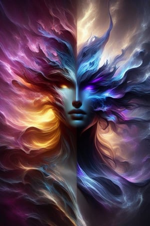 photograph, left half ONLY dark magic purple black fiery, right ONLY half water flowing light blue/white, beautiful watercolour splashes, head and shoulders portrait, (female human:1.3) 8k resolution concept art portrait by Greg Rutkowski, Artgerm, WLOP, Alphonse Mucha dynamic lighting hyperdetailed intricately detailed Splash art trending on Artstation triadic colors Unreal Engine 5 volumetric lighting, A 3D-rendered image of a majestic elf deity left half dark magic right half water, beautiful forestbackground with detailed and dynamic lighting creating a sense of depth and realism, epicness