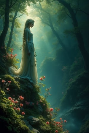 In this hauntingly beautiful painting, the goddess of nature stands majestically at the edge of the world, her left side bathed in brilliant white light, while her right side is shrouded in dark green mystery. A fine art fusion of Drew Struzan and Karol Bak's styles. The composition is masterful, with intricate details of forest foliage, flowers, and metallic ink accents. The lighting is sublime, casting long shadows across the dark background. A gothic masterpiece reminiscent of Ilya Kuvshinov's eerie landscapes and Russ Mills' mystical illustrations.