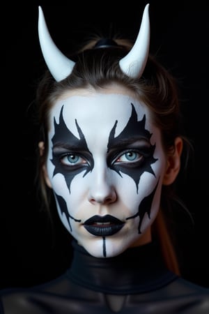 A close-up shot of a woman's face, adorned with a white and black face paint. Her eyes are a piercing blue, and her lips are a dark shade of black. Her hair is pulled back in a ponytail, and she is wearing a headband that is adorned with two white horns. The background is a solid black, creating a stark contrast to her white face. The woman's hair is a dark brown, adding a pop of color to the scene.