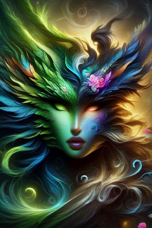nature and water dragon, anthropomorphic. head and shoulders portrait, hyperdetailed, 1girl, shadowlike deity, dreamlike, breathtaking hyperdetailed fantasy art, beautiful colours, insane depth, perfect composition, intricate detail, beautiful vibrant background 1girl, solo, hair ornament, green eyes, flower, lips, leaf, feathers, realistic, dark
