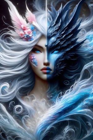 ice and water dragon, anthropomorphic. head and shoulders portrait, hyperdetailed, 1girl, four elements, shadowlike deity, dreamlike, breathtaking hyperdetailed fantasy art, beautiful water cold colours, insane depth, perfect composition, intricate detail, beautiful vibrant background 1girl, solo, hair ornament, blue eyes, flower, lips, ocean flowing water, feathers, realistic, dark
