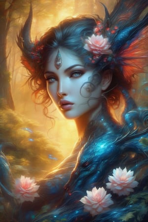 beautiful deity, 1girl, extremely vibrant colours, normal skin Highly detailed, highly cinematic, close-up image of a deity of magic, perfect composition, dark colours, magical flowing water, forest nature, lots of details, flowers metallic ink, beautifully lit, a fine art painting by drew struzan and karol bak, gothic art, dark and mysterious, ilya kuvshinov, russ mills, dragonlike
,intricate detail