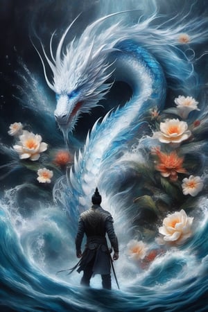 hyperrealistic image of a man, back facing to viewer, full back tattoo on his back, back tattoo has one dragon head, tattoo, wide head, (white background), looking at viewer, tattoo design ice and water dragon head, anthropomorphic, hyperdetailed, dreamlike, breathtaking hyperdetailed fantasy art, beautiful water cold colours, insane depth, perfect composition, intricate detail, white background, solo, blue eyes, flower, ocean flowing water, scales, realistic, dark, GlowingTat