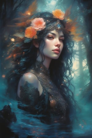 beautiful deity, 1girl, extremely vibrant colours, normal skin Highly detailed, highly cinematic, close-up image of a deity of magic, perfect composition, dark colours, magical flowing water, forest nature, lots of details, flowers metallic ink, beautifully lit, a fine art painting by drew struzan and karol bak, gothic art, dark and mysterious, ilya kuvshinov, russ mills, dragonlike
