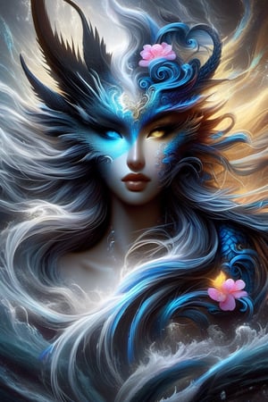 ice and water dragon, anthropomorphic. head and shoulders portrait, hyperdetailed, 1girl, four elements, shadowlike deity, dreamlike, breathtaking hyperdetailed fantasy art, beautiful water cold colours, insane depth, perfect composition, intricate detail, beautiful vibrant background 1girl, solo, hair ornament, blue eyes, flower, lips, ocean flowing water, feathers, realistic, dark
