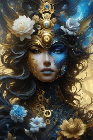 Highly detailed, highly cinematic, close-up image of a goddess of nature over the world, steampunk mechanical, blue/gold/black lots of details, flowers, metallic ink, beautifully lit, a fine art painting by drew struzan and karol bak, gothic art, dark and mysterious, ilya kuvshinov, russ mills