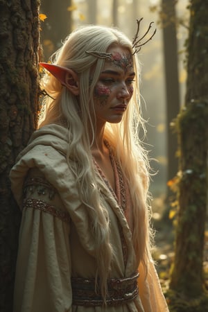 Soft sunlight filters through the forest canopy, casting dappled shadows on the young peaceful elven princess's delicate features. Her intricate attire and circlet glimmer in the warm light as she stands peacefully, gentle breeze rustling her long locks. With a soft, loving gaze, her eyes seem to whisper secrets to the viewer, while her pointed ears and smooth skin evoke an ethereal beauty. As she brushes her hair aside, her slender fingers reveal a subtle strength, inviting the observer into this tranquil, sun-kissed world.