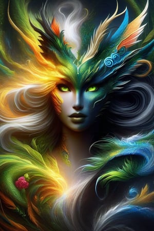 earth, air, fire and water dragon, anthropomorphic. head and shoulders portrait, hyperdetailed, 1girl, four elements, shadowlike deity, dreamlike, breathtaking hyperdetailed fantasy art, beautiful colours, insane depth, perfect composition, intricate detail, beautiful vibrant background 1girl, solo, hair ornament, green eyes, flower, lips, leaf, feathers, realistic, dark
