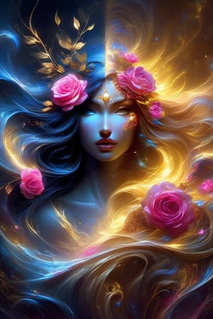 beautiful water deity, centred, fantasy forest at night, dark blue sky, photo, beautiful glowing pink and gold roses, beautiful, Michael Garmash, Carne Griffiths, Jean Baptiste Monge, strybk style, warm dreamy lighting, matte background, volumetric lighting, fluid acrylic, dynamic gradients, bold color, illustration, highly detailed, simple, smooth and clean vector curves, no jagged lines