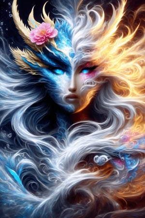 ice and water dragon, anthropomorphic. head and shoulders portrait, hyperdetailed, 1girl, four elements, shadowlike deity, dreamlike, breathtaking hyperdetailed fantasy art, beautiful water cold colours, insane depth, perfect composition, intricate detail, beautiful vibrant background 1girl, solo, hair ornament, blue eyes, flower, lips, ocean flowing water, feathers, realistic, dark
