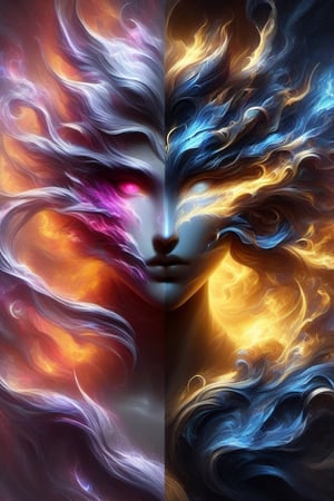 left half fire, right half waterbeautiful watercolour splashes, head and shoulders portrait, (female human:1.3) 8k resolution concept art portrait by Greg Rutkowski, Artgerm, WLOP, Alphonse Mucha dynamic lighting hyperdetailed intricately detailed Splash art trending on Artstation triadic colors Unreal Engine 5 volumetric lighting, A 3D-rendered image of a majestic elf/dragon atop a craggy cliff, black background with detailed and dynamic lighting creating a sense of depth and realism.