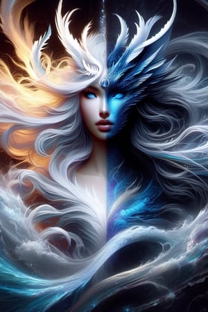 ice and water dragon, anthropomorphic. head and shoulders portrait, hyperdetailed, 1girl, four elements, shadowlike deity, dreamlike, breathtaking hyperdetailed fantasy art, beautiful water cold colours, insane depth, perfect composition, intricate detail, beautiful vibrant background 1girl, solo, hair ornament, blue eyes, flower, lips, ocean flowing water, feathers, realistic, dark
